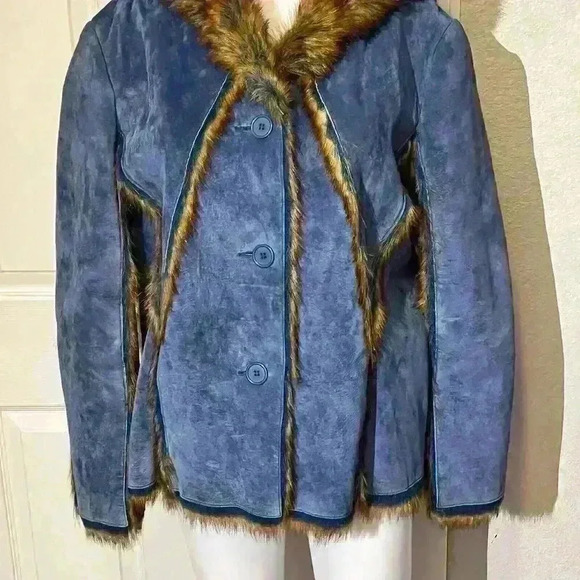 The LOOK Randolph Duke Womens Suede & Faux Fur Blue Fox Jacket Hood Size Large - Picture 8 of 16